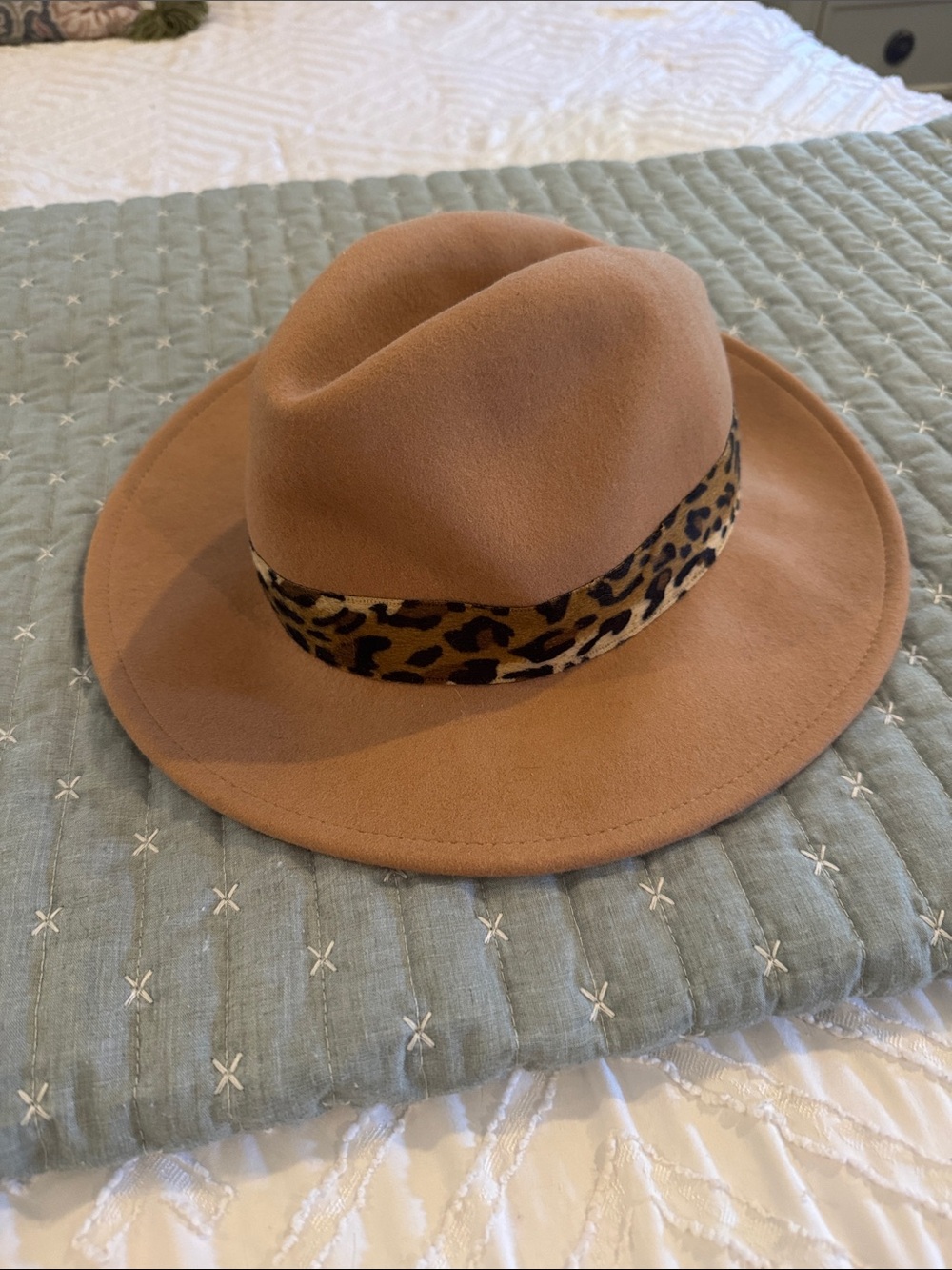 EUC Tan Wool Felt Fedora with Leopard Band